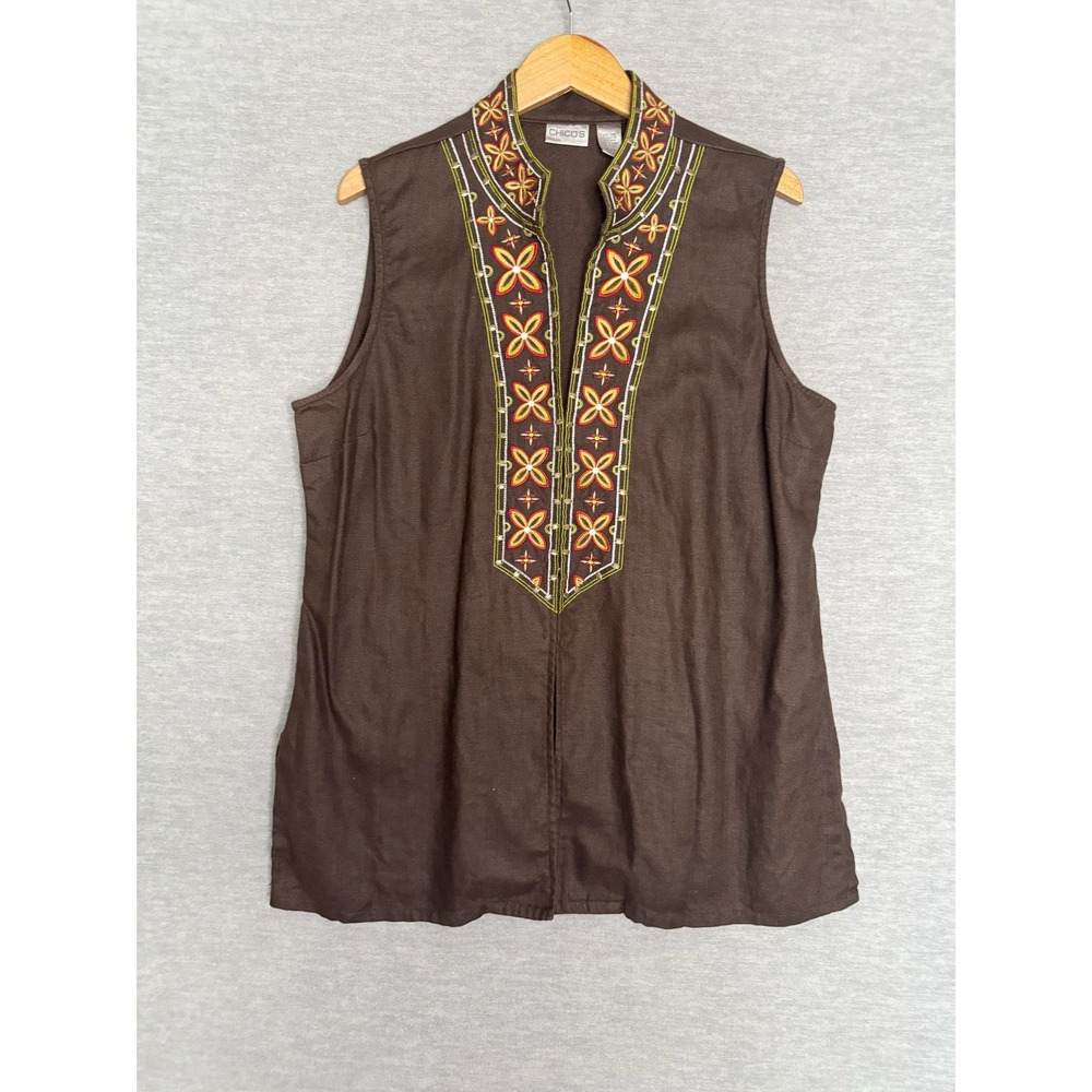 Chicos Top Blouse Size 3 XL Sleeveless Brown Embroidered Linen Womens Boho Tunic